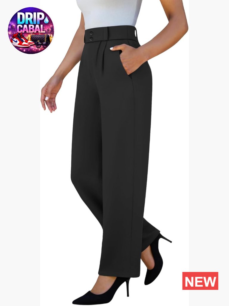 Stretchy Wide Leg Pull On Pants With 2 Pockets High Waist Office Slacks